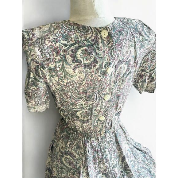 Vintage 80s Phoebe Petites Paisley Midi Dress Boho Cottagecore 80s Feminine S-XS - Picture 2 of 8